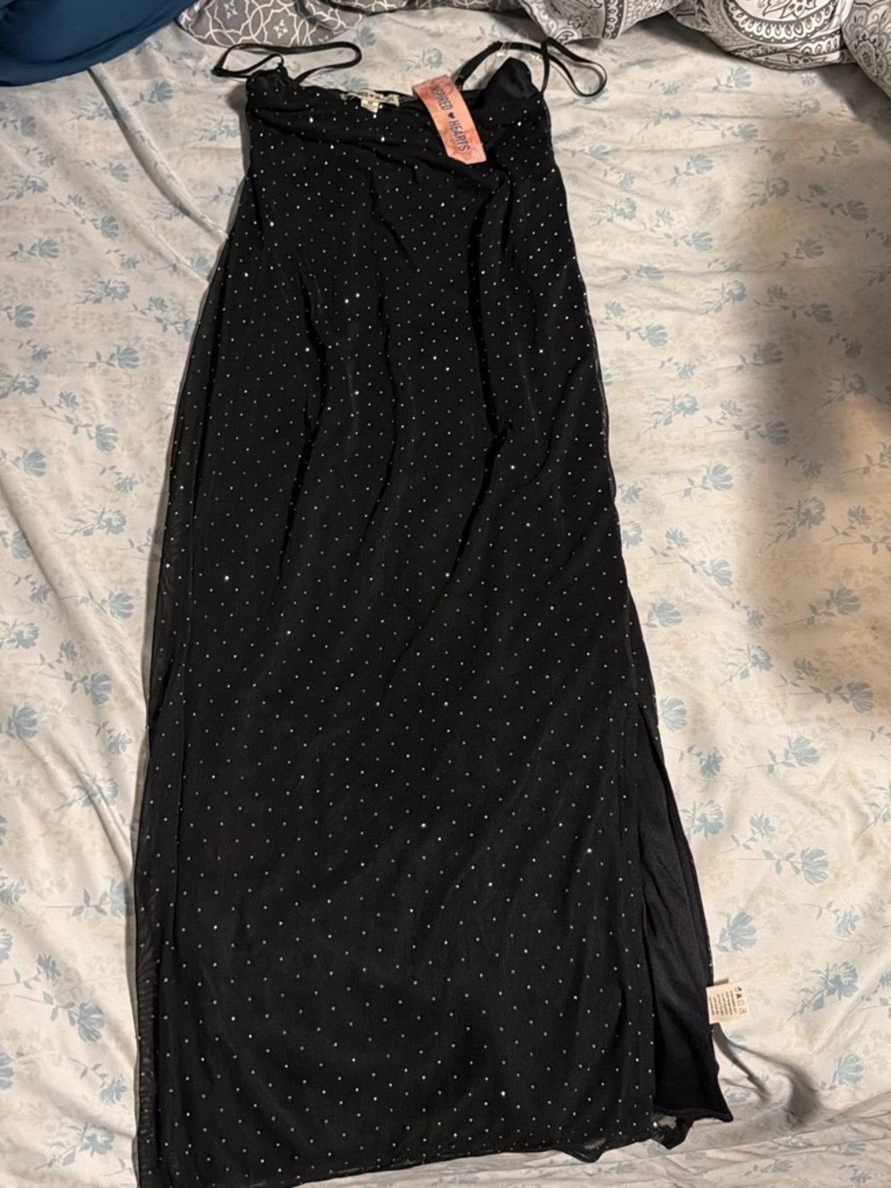 Inspired Hearts Black Polka Dot Midi Slip Dress with Side Slit